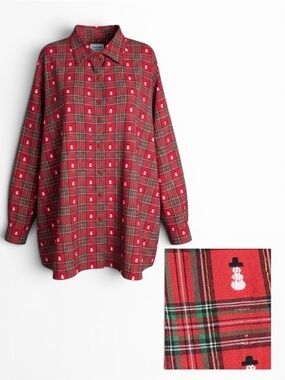 Westbound Christmas Snowman Plaid Cotton Shirt Plus Size 2X